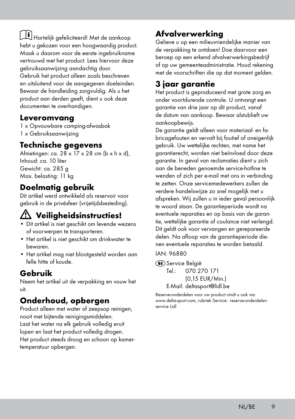 Leveromvang, Technische gegevens, Doelmatig gebruik | Veiligheidsinstructies, Gebruik, Onderhoud, opbergen, Afvalverwerking, 3 jaar garantie | Crivit CS-1804 User Manual | Page 9 / 12