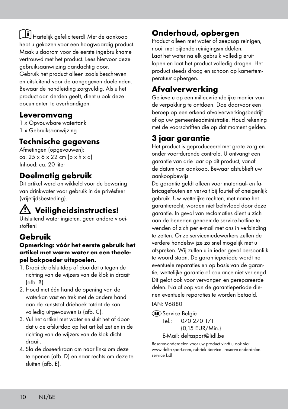 Leveromvang, Technische gegevens, Doelmatig gebruik | Veiligheidsinstructies, Gebruik, Onderhoud, opbergen, Afvalverwerking, 3 jaar garantie | Crivit CS-1803 User Manual | Page 8 / 10