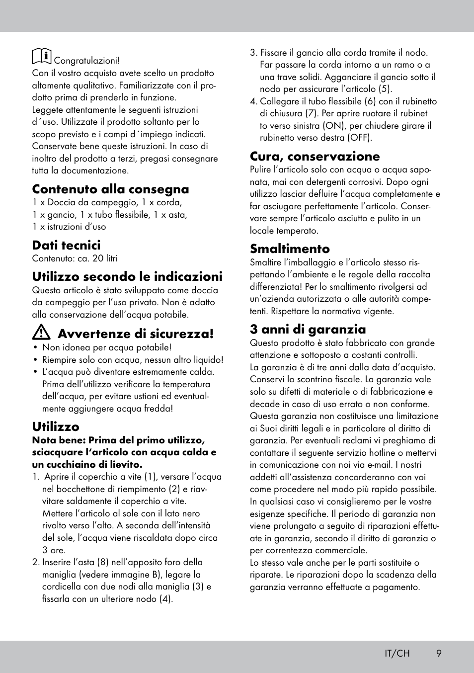 Contenuto alla consegna, Dati tecnici, Utilizzo secondo le indicazioni | Avvertenze di sicurezza, Utilizzo, Cura, conservazione, Smaltimento, 3 anni di garanzia | Crivit CS-1802 User Manual | Page 7 / 14
