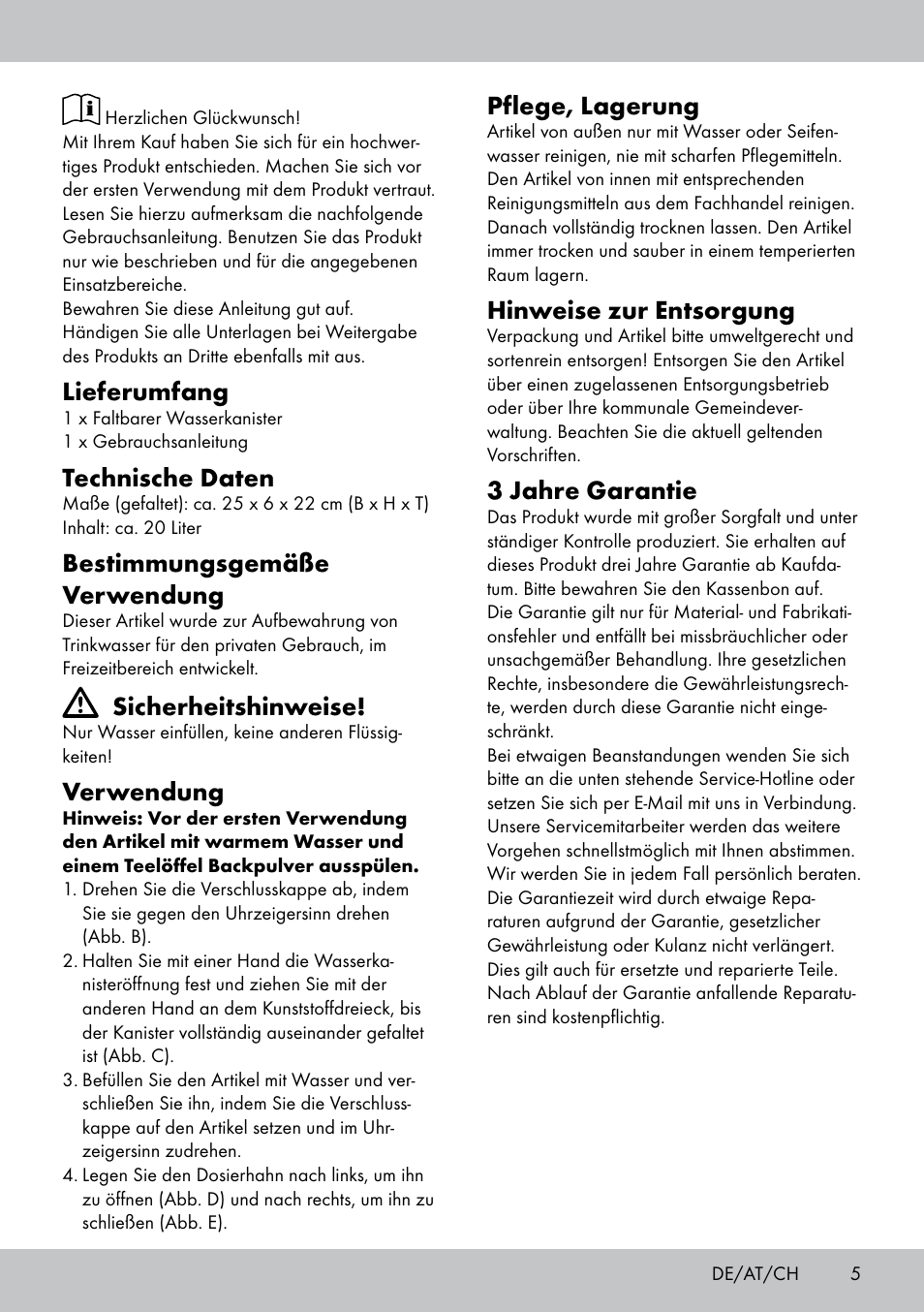 Lieferumfang, Technische daten, Bestimmungsgemäße verwendung | Sicherheitshinweise, Verwendung, Pflege, lagerung, Hinweise zur entsorgung, 3 jahre garantie | Crivit CS-1803 User Manual | Page 3 / 10