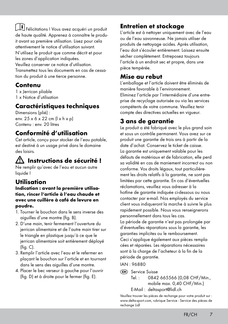 Contenu, Caractéristiques techniques, Conformité d’utilisation | Instructions de sécurité, Utilisation, Entretien et stockage, Mise au rebut, 3 ans de garantie | Crivit CS-1803 User Manual | Page 5 / 10