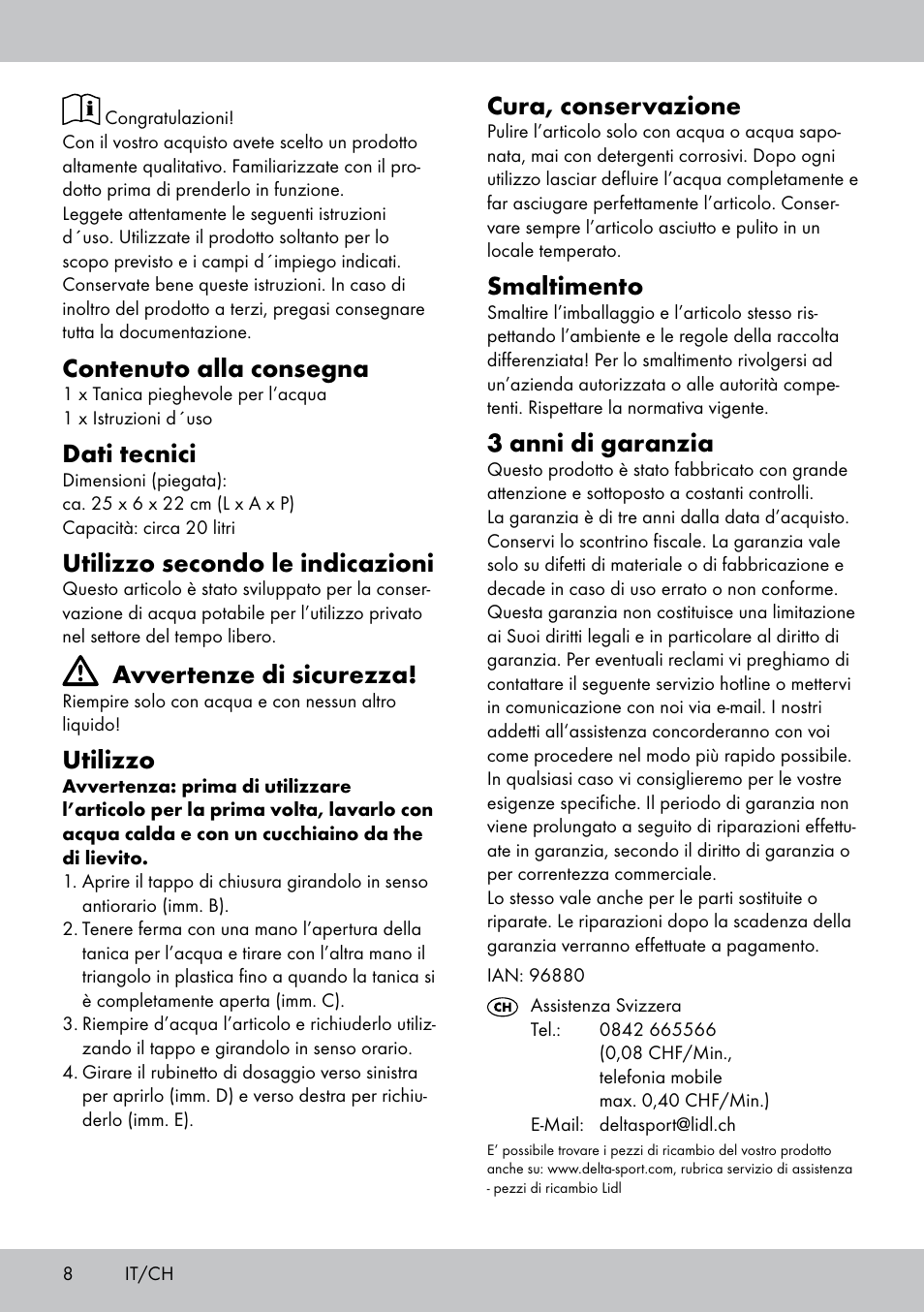 Contenuto alla consegna, Dati tecnici, Utilizzo secondo le indicazioni | Avvertenze di sicurezza, Utilizzo, Cura, conservazione, Smaltimento, 3 anni di garanzia | Crivit CS-1803 User Manual | Page 6 / 10