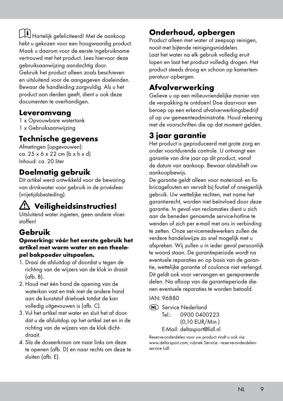 Leveromvang, Technische gegevens, Doelmatig gebruik | Veiligheidsinstructies, Gebruik, Onderhoud, opbergen, Afvalverwerking, 3 jaar garantie | Crivit CS-1803 User Manual | Page 7 / 10