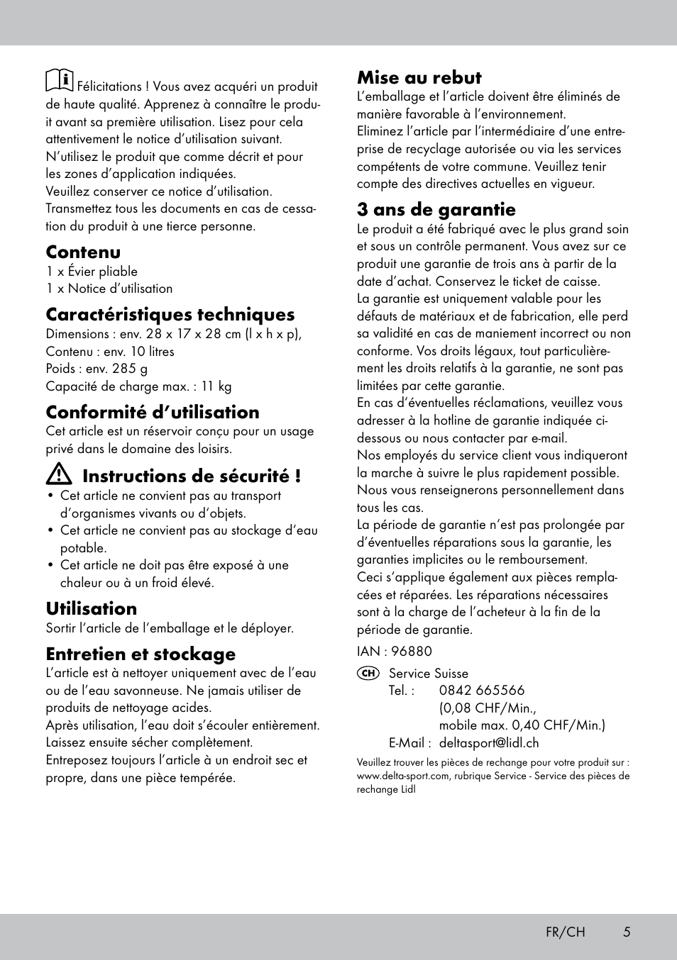 Contenu, Caractéristiques techniques, Conformité d’utilisation | Instructions de sécurité, Utilisation, Entretien et stockage, Mise au rebut, 3 ans de garantie | Crivit CS-1804 User Manual | Page 5 / 12