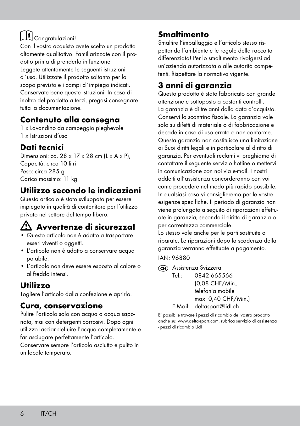 Contenuto alla consegna, Dati tecnici, Utilizzo secondo le indicazioni | Avvertenze di sicurezza, Utilizzo, Cura, conservazione, Smaltimento, 3 anni di garanzia | Crivit CS-1804 User Manual | Page 6 / 12