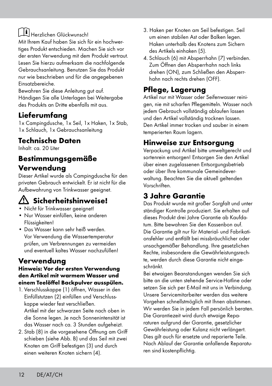 Lieferumfang, Technische daten, Bestimmungsgemäße verwendung | Sicherheitshinweise, Verwendung, Pflege, lagerung, Hinweise zur entsorgung, 3 jahre garantie | Crivit CS-1802 User Manual | Page 10 / 14