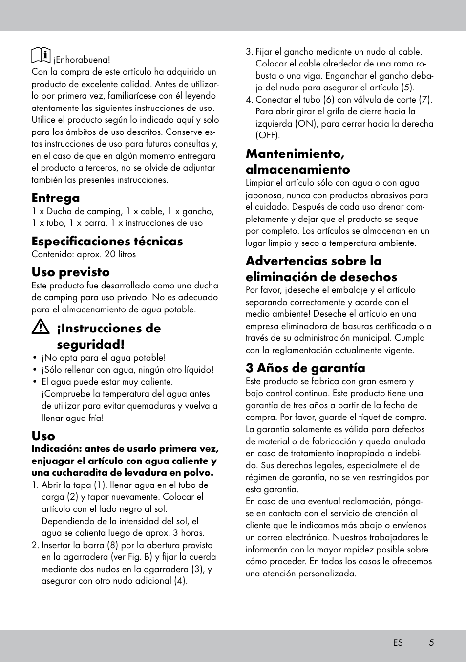 Die96880_camping-shower_manual_lb5_es_pt_layout, Entrega, Especificaciones técnicas | Uso previsto, Instrucciones de seguridad, Mantenimiento, almacenamiento, Advertencias sobre la eliminación de desechos, 3 años de garantía | Crivit CS-1802 User Manual | Page 3 / 14