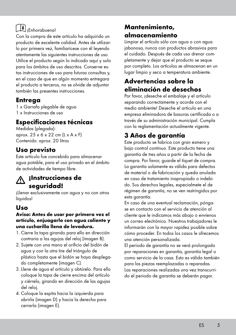 Die96880_camping-canister_manual_lb5_es_pt_layout, Entrega, Especificaciones técnicas | Uso previsto, Instrucciones de seguridad, Mantenimiento, almacenamiento, Advertencias sobre la eliminación de desechos, 3 años de garantía | Crivit CS-1803 User Manual | Page 3 / 10