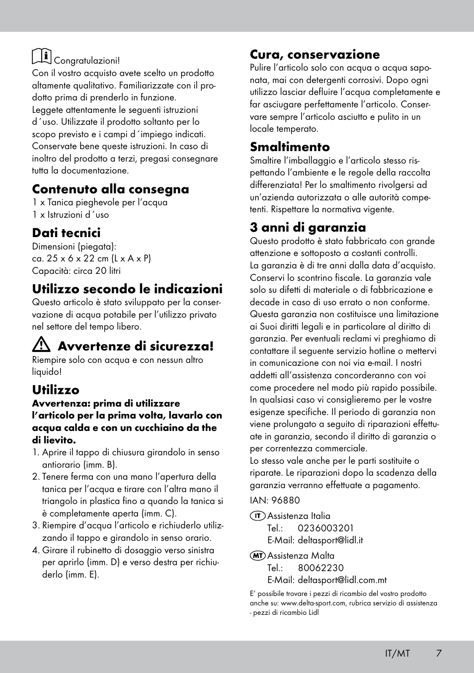 Contenuto alla consegna, Dati tecnici, Utilizzo secondo le indicazioni | Avvertenze di sicurezza, Utilizzo, Cura, conservazione, Smaltimento, 3 anni di garanzia | Crivit CS-1803 User Manual | Page 5 / 10