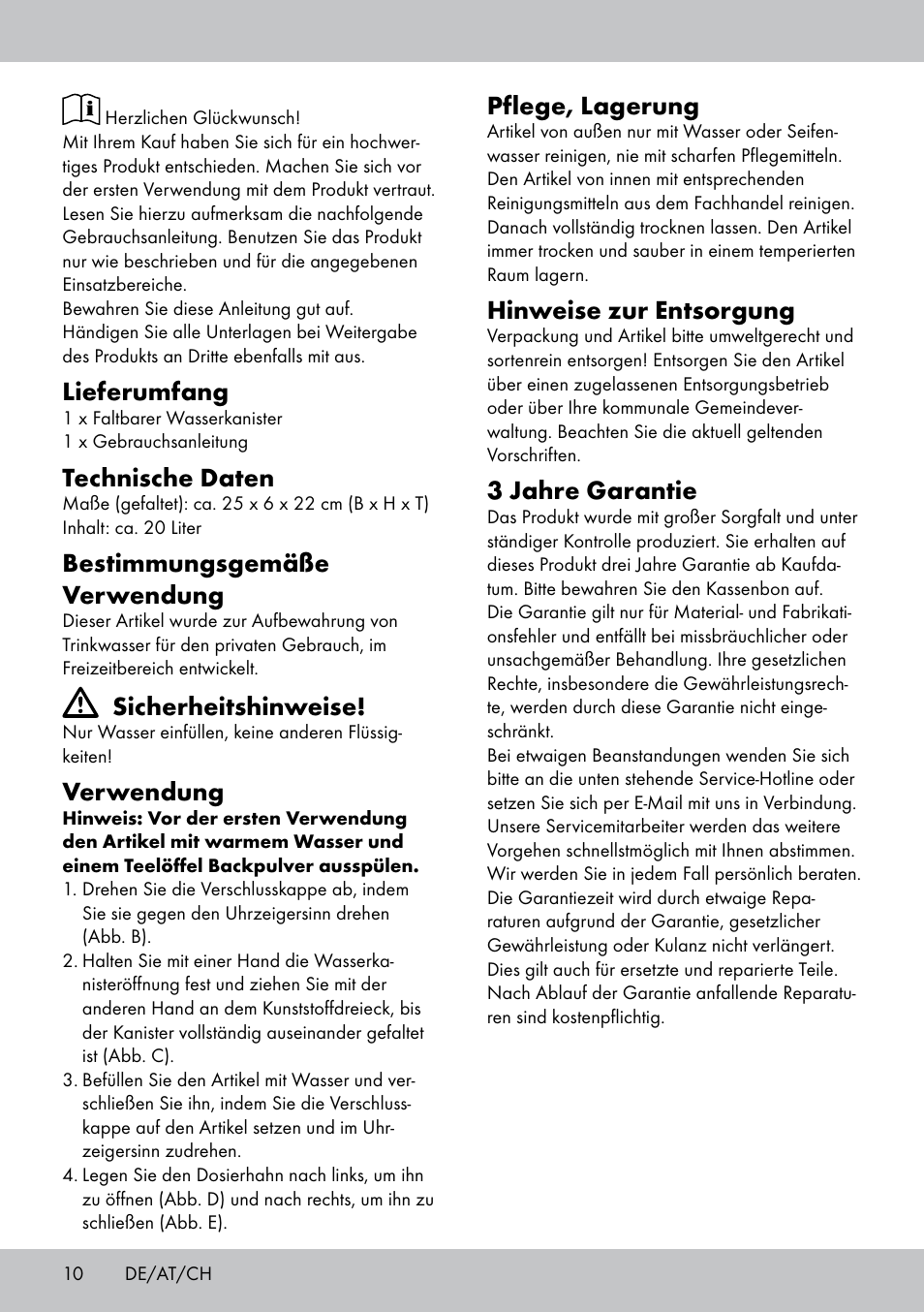 Lieferumfang, Technische daten, Bestimmungsgemäße verwendung | Sicherheitshinweise, Verwendung, Pflege, lagerung, Hinweise zur entsorgung, 3 jahre garantie | Crivit CS-1803 User Manual | Page 8 / 10