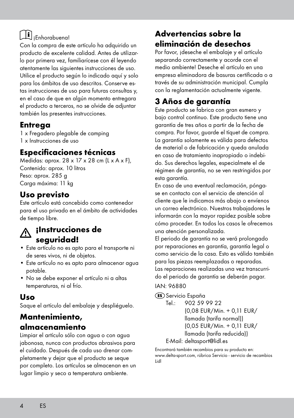 Entrega, Especificaciones técnicas, Uso previsto | Instrucciones de seguridad, Mantenimiento, almacenamiento, Advertencias sobre la eliminación de desechos, 3 años de garantía | Crivit CS-1804 User Manual | Page 4 / 12