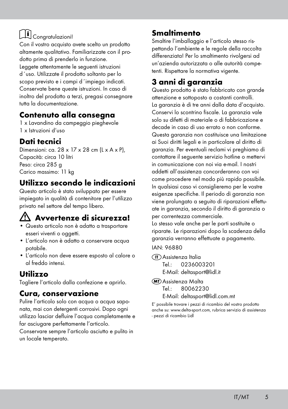 Smaltimento, 3 anni di garanzia, Contenuto alla consegna | Dati tecnici, Utilizzo secondo le indicazioni, Avvertenze di sicurezza, Utilizzo, Cura, conservazione | Crivit CS-1804 User Manual | Page 5 / 12