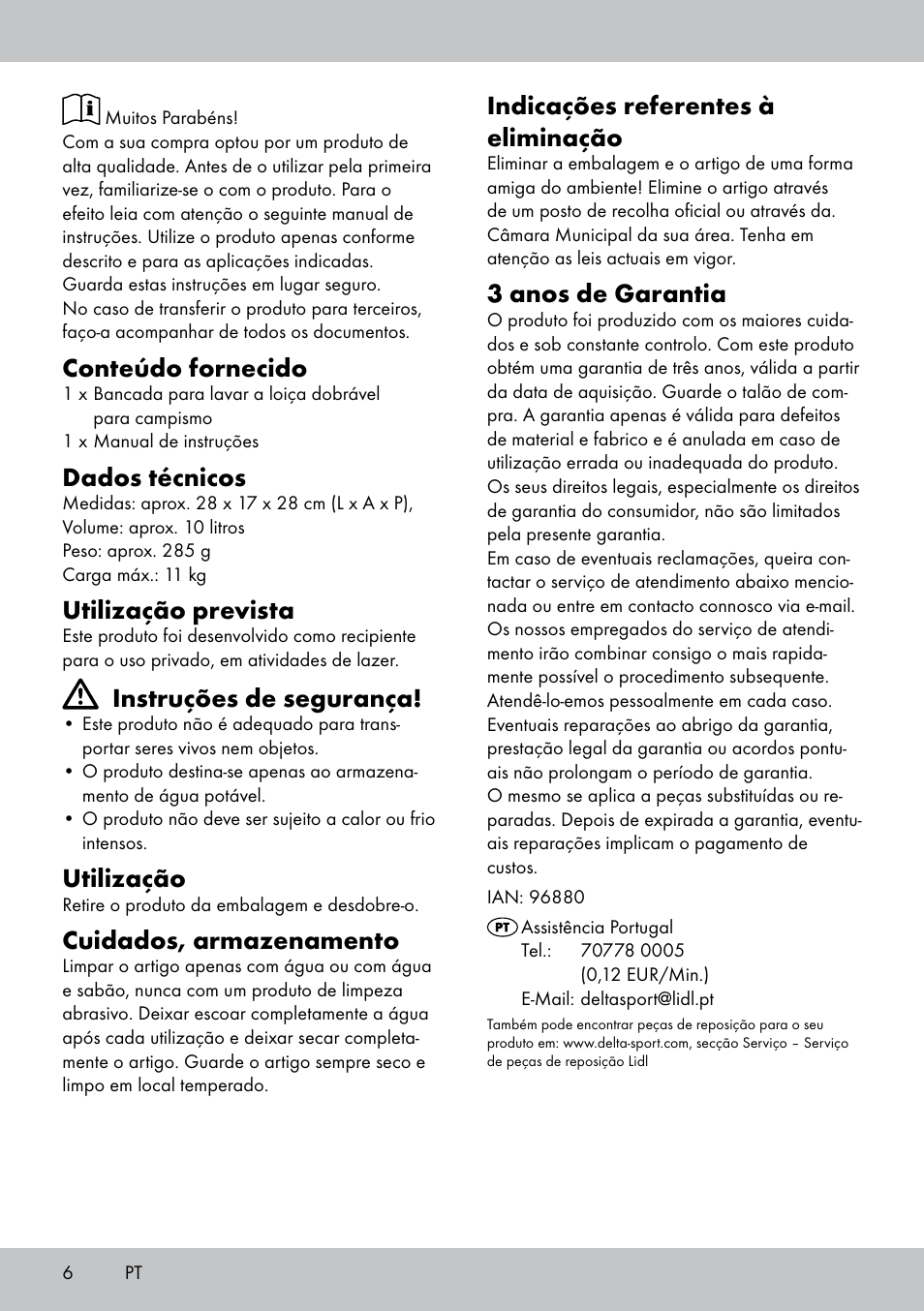 Conteúdo fornecido, Dados técnicos, Utilização prevista | Instruções de segurança, Utilização, Cuidados, armazenamento, Indicações referentes à eliminação, 3 anos de garantia | Crivit CS-1804 User Manual | Page 6 / 12