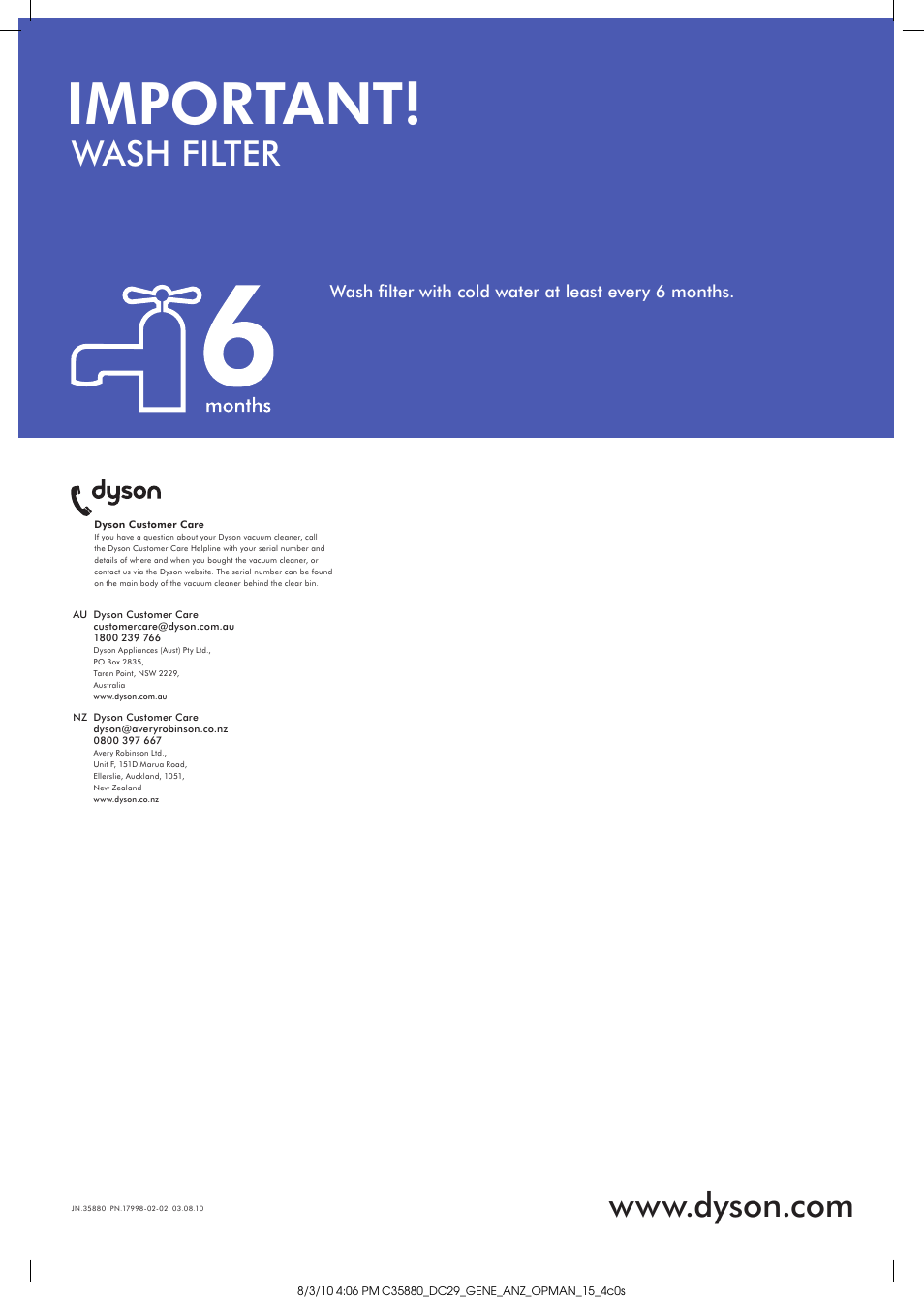Important, Wash filter | DYSON DC29 User Manual | Page 10 / 12