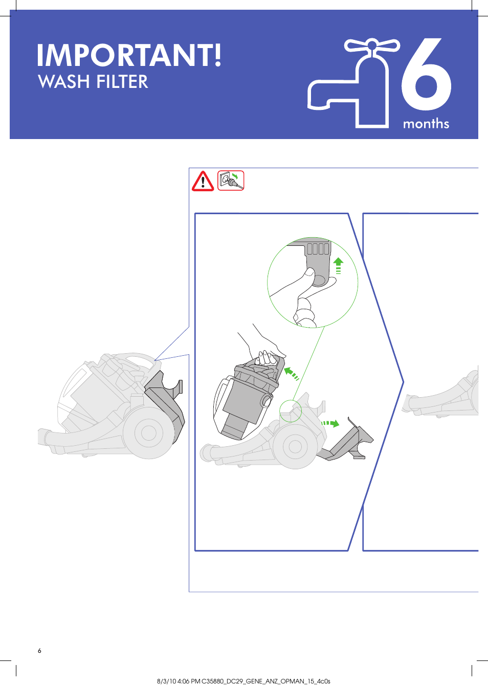 Important, Wash filter | DYSON DC29 User Manual | Page 6 / 12