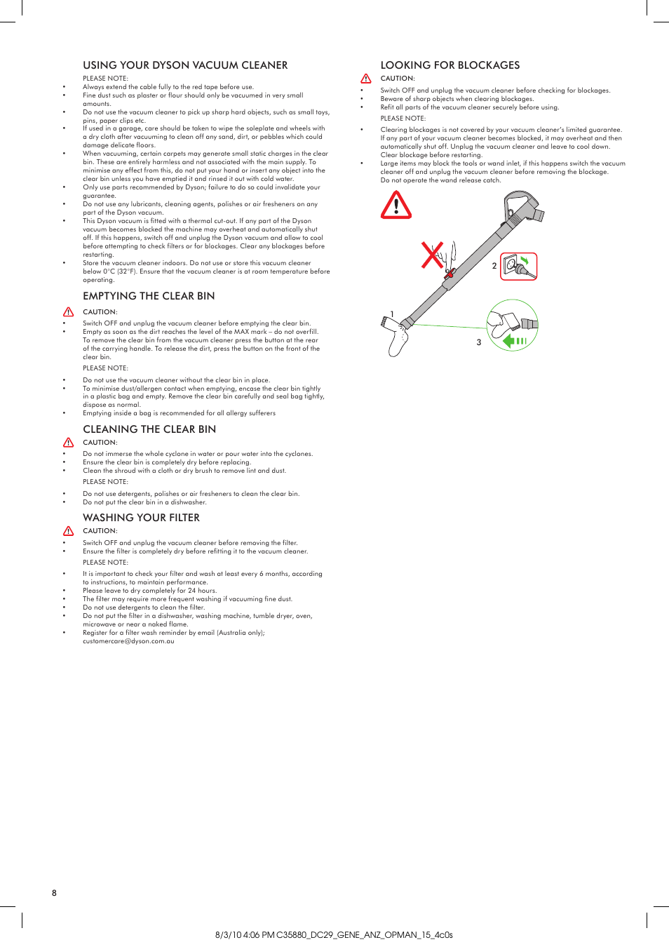 Using your dyson vacuum cleaner, Emptying the clear bin, Cleaning the clear bin | Washing your filter, Looking for blockages | DYSON DC29 User Manual | Page 8 / 12
