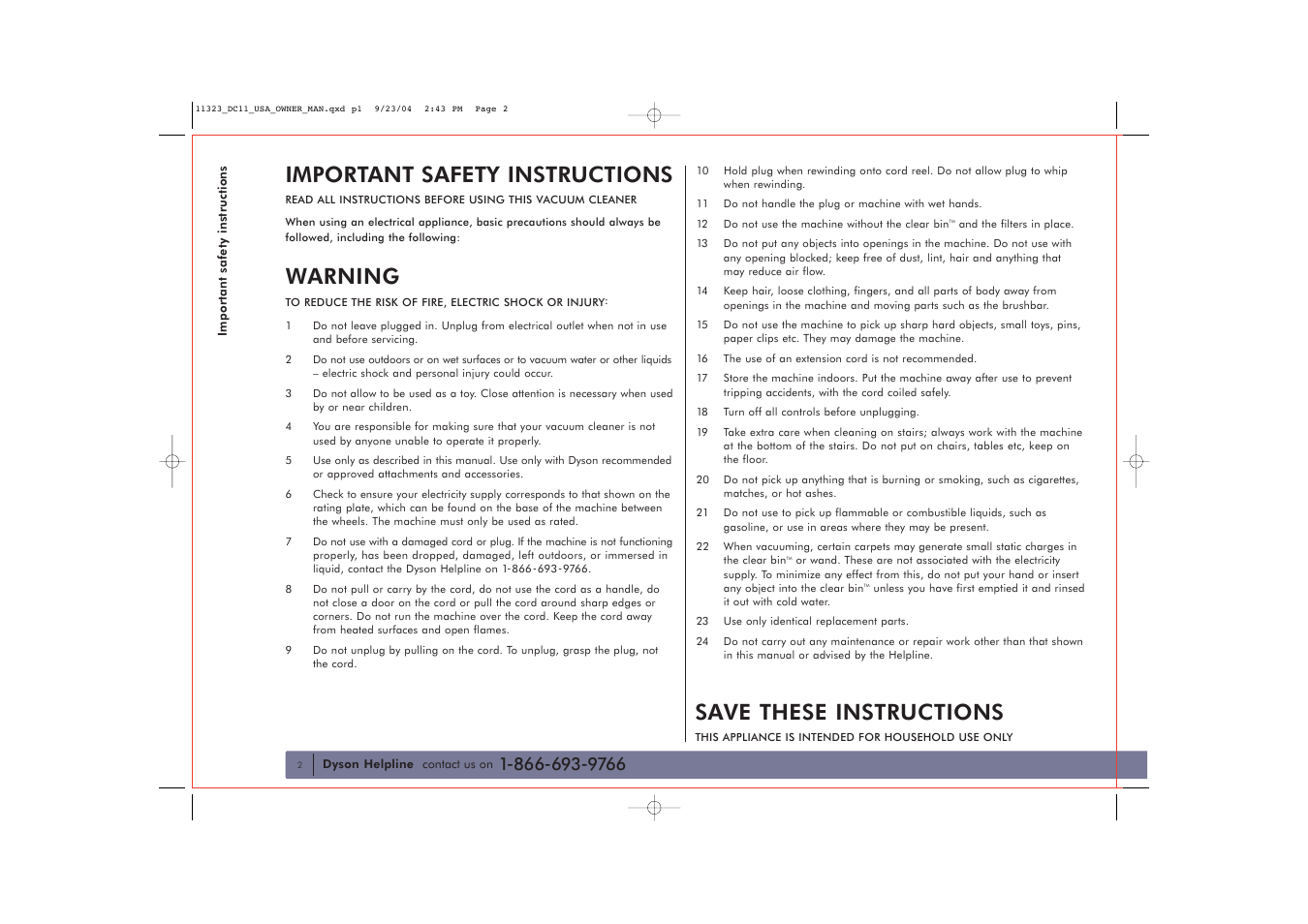 Important safety instructions, Warning, Save these instructions | DYSON DC11 User Manual | Page 2 / 16