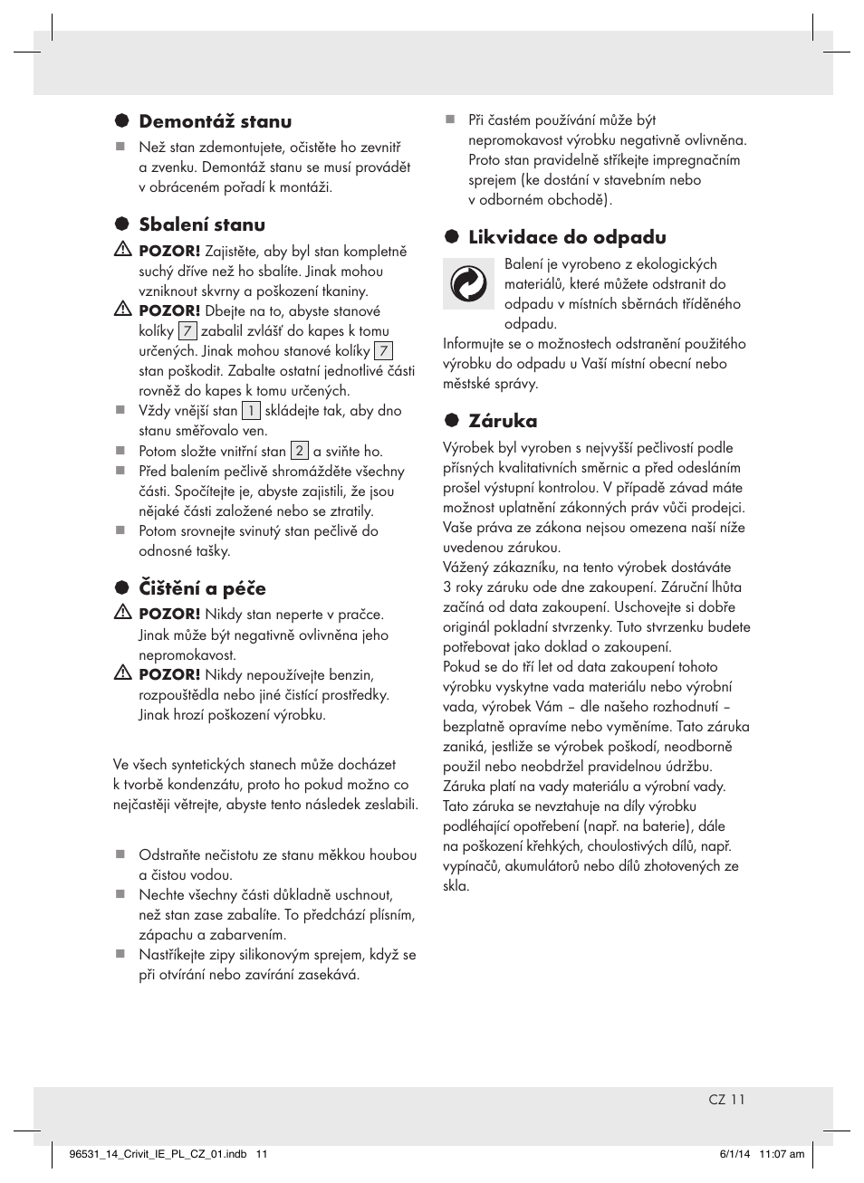 Demontáž stanu, Sbalení stanu m, Čištění a péče m | Likvidace do odpadu, Záruka | Crivit Z31983 User Manual | Page 11 / 18