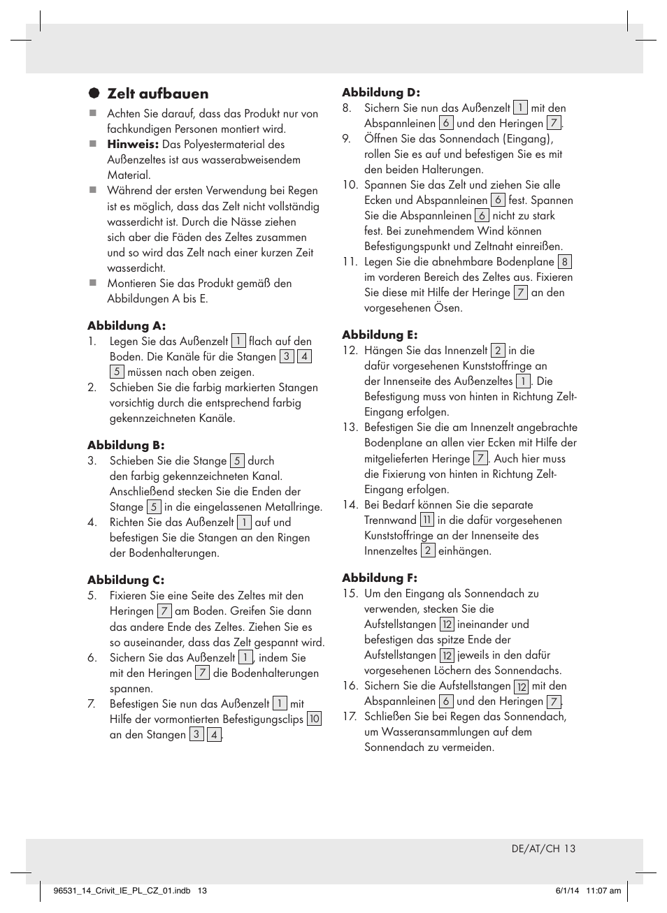 Zelt aufbauen | Crivit Z31983 User Manual | Page 13 / 18