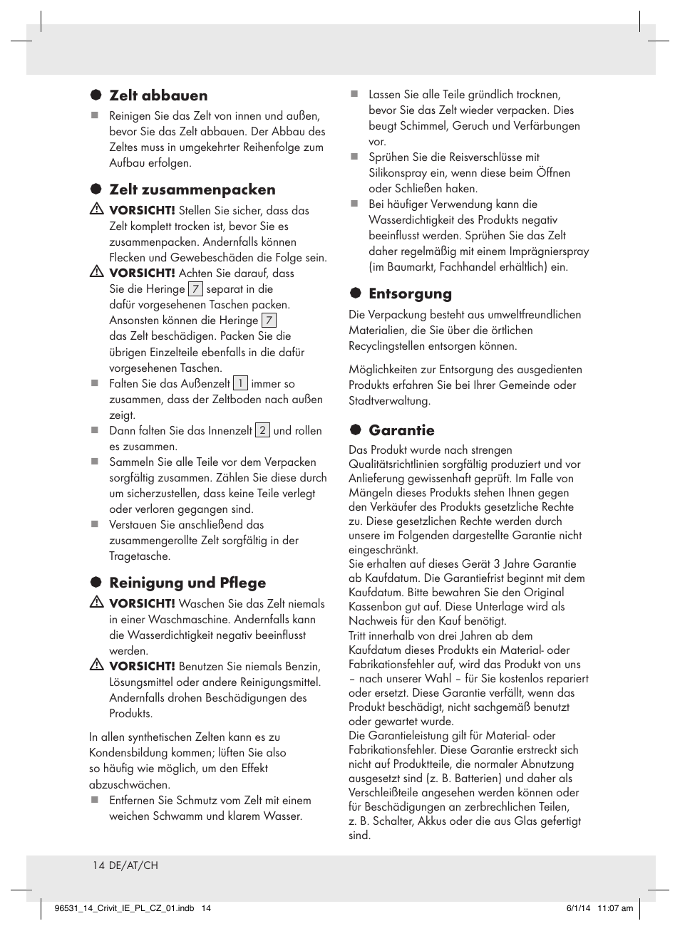 Zelt abbauen, Zelt zusammenpacken m, Reinigung und pflege m | Entsorgung, Garantie | Crivit Z31983 User Manual | Page 14 / 18