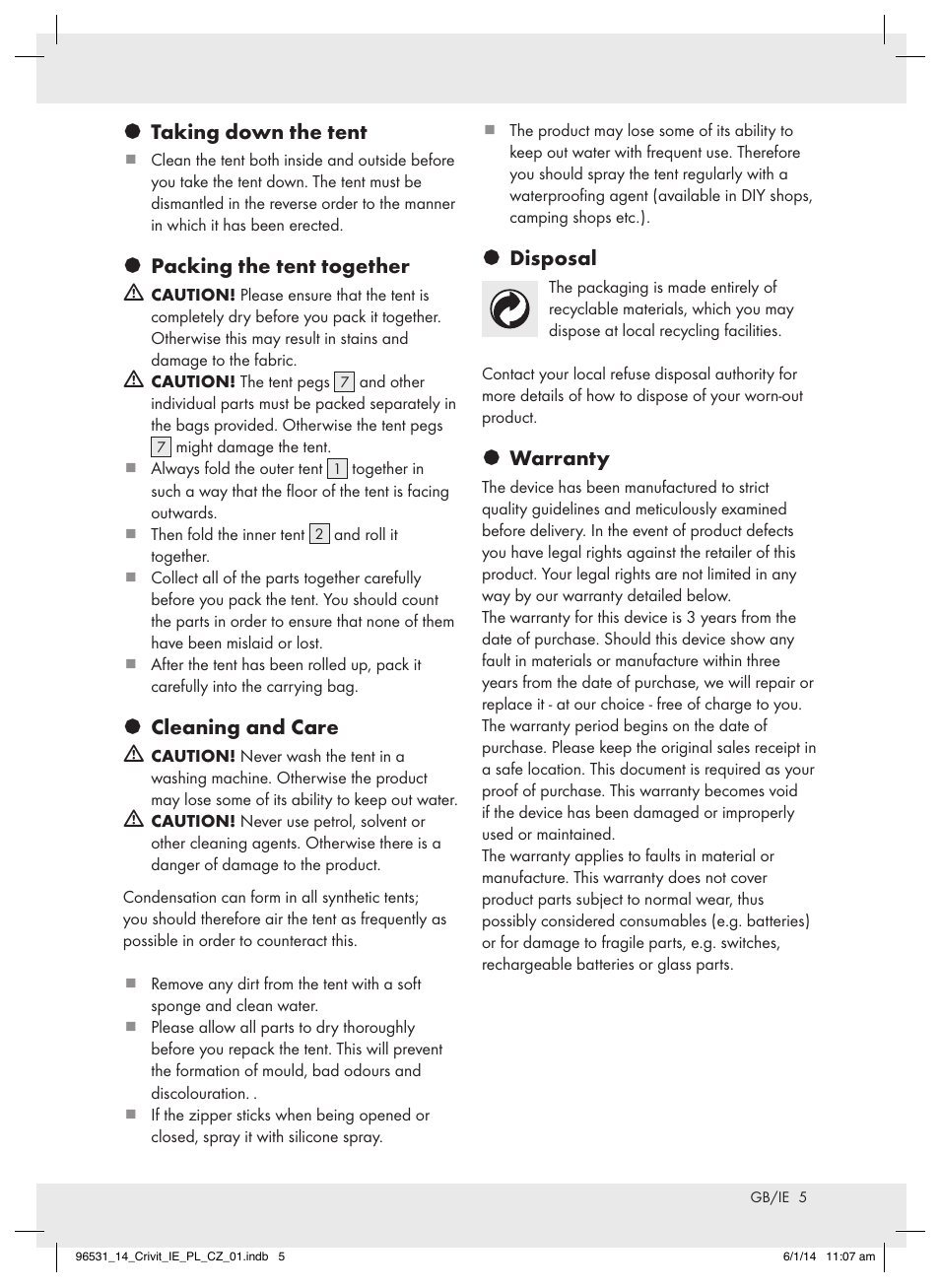 Taking down the tent, Packing the tent together m, Cleaning and care m | Disposal, Warranty | Crivit Z31983 User Manual | Page 5 / 18