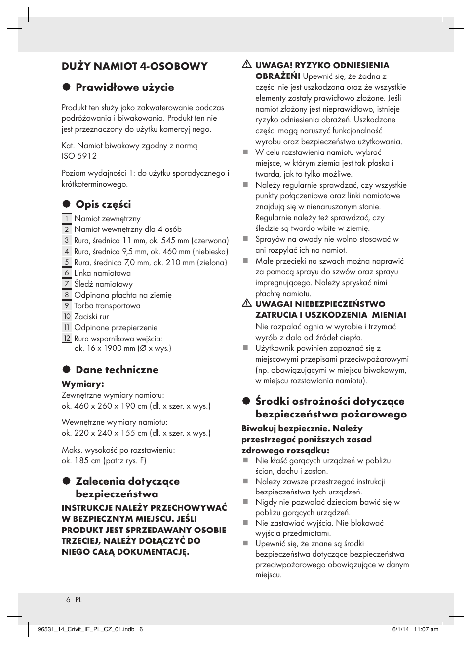 Duży namiot 4-osobowy § prawidłowe użycie, Opis części, Dane techniczne | Zalecenia dotyczące bezpieczeństwa | Crivit Z31983 User Manual | Page 6 / 18