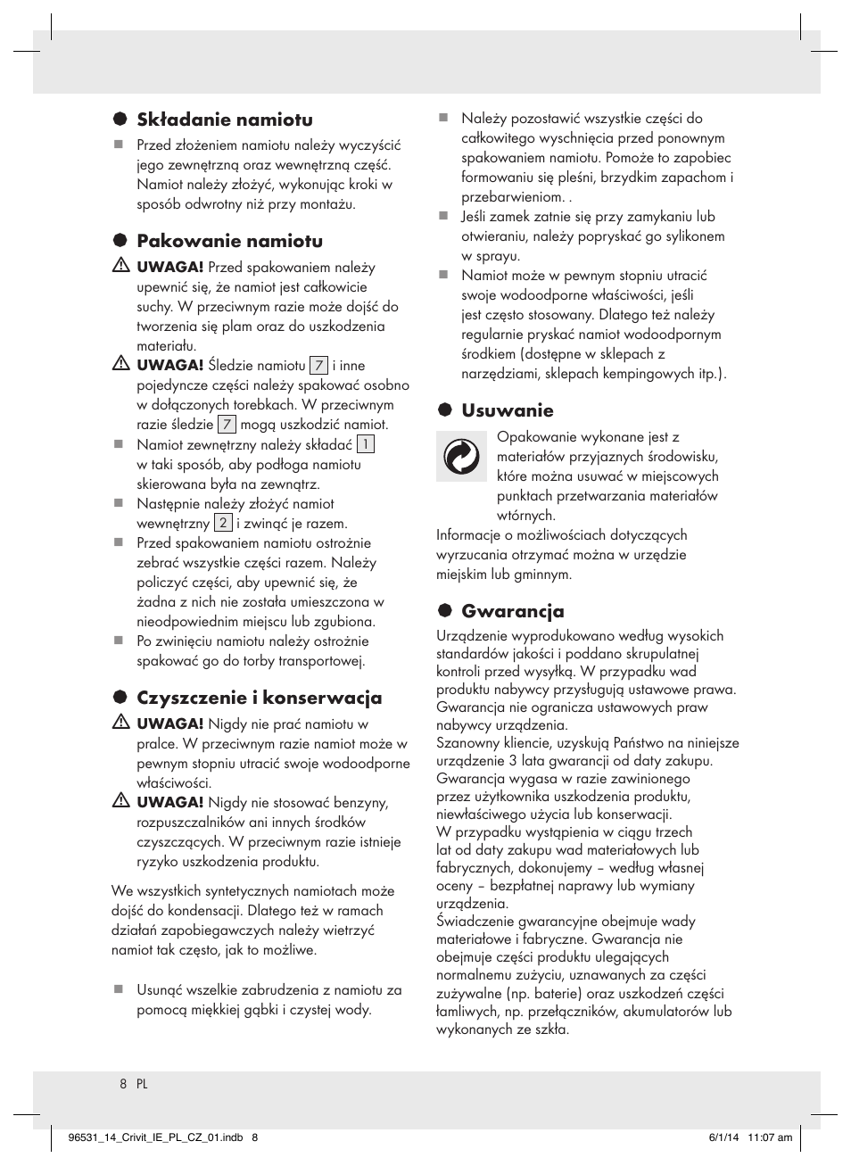 Składanie namiotu, Pakowanie namiotu m, Czyszczenie i konserwacja m | Usuwanie, Gwarancja | Crivit Z31983 User Manual | Page 8 / 18