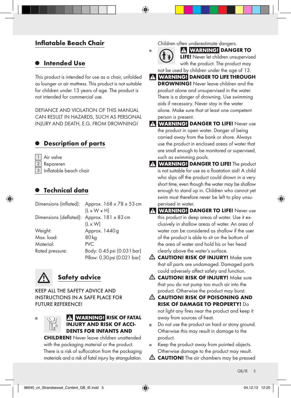 Inflatable beach chair, Intended use, Description of parts | Technical data, Safety advice | Crivit Z31956A_B User Manual | Page 5 / 10