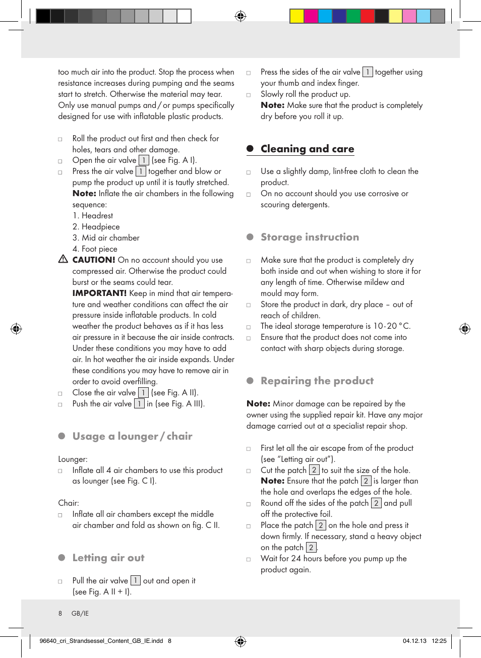 Usage a lounger / chair, Letting air out, Cleaning and care | Storage instruction, Repairing the product | Crivit Z31956A_B User Manual | Page 8 / 10