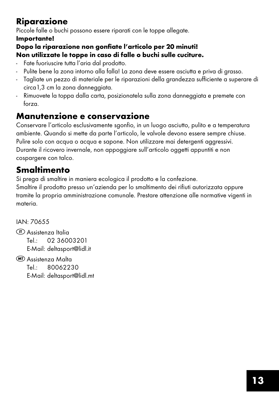 13 riparazione, Manutenzione e conservazione, Smaltimento | Crivit Inflatable Beach Chair User Manual | Page 13 / 32