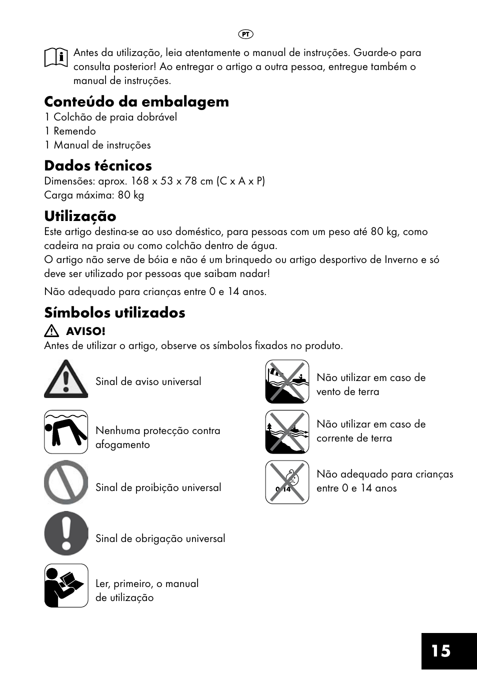 Conteúdo da embalagem, Dados técnicos, Utilização | Símbolos utilizados | Crivit Inflatable Beach Chair User Manual | Page 15 / 32
