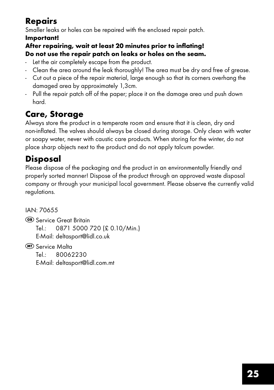 25 repairs, Care, storage, Disposal | Crivit Inflatable Beach Chair User Manual | Page 25 / 32