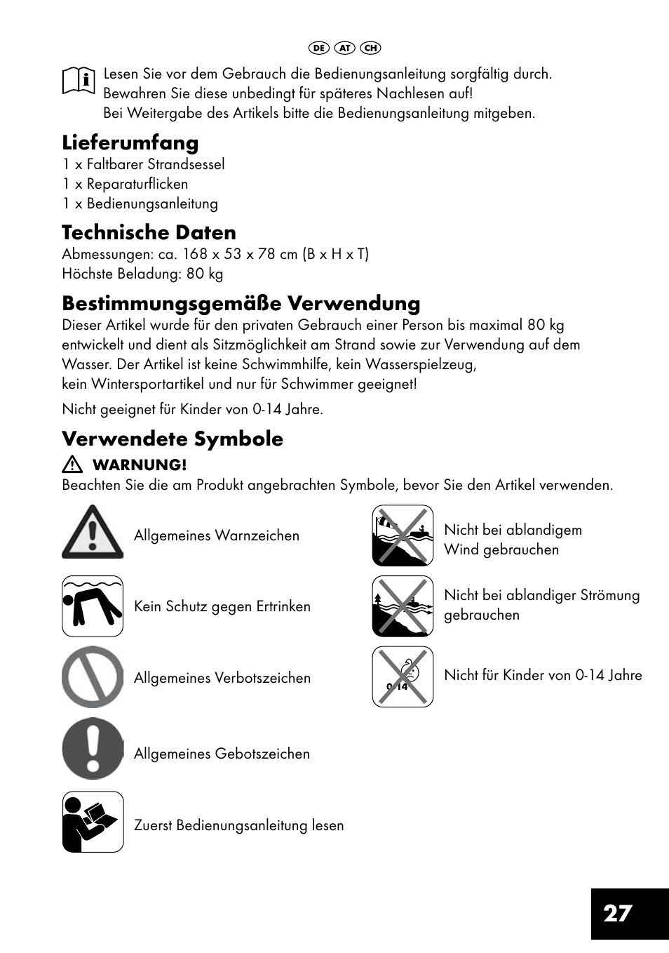 Lieferumfang, Technische daten, Bestimmungsgemäße verwendung | Verwendete symbole | Crivit Inflatable Beach Chair User Manual | Page 27 / 32