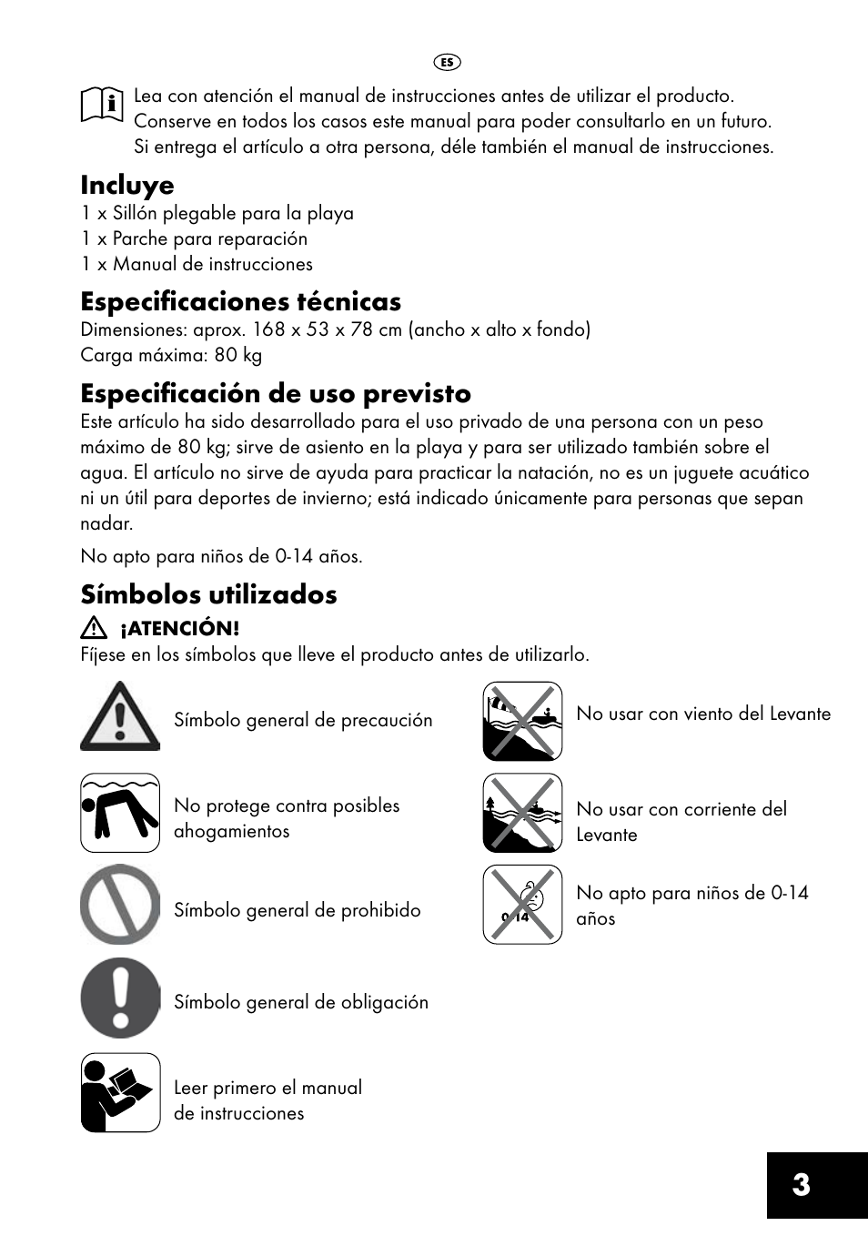 Incluye, Especificaciones técnicas, Especificación de uso previsto | Símbolos utilizados | Crivit Inflatable Beach Chair User Manual | Page 3 / 32