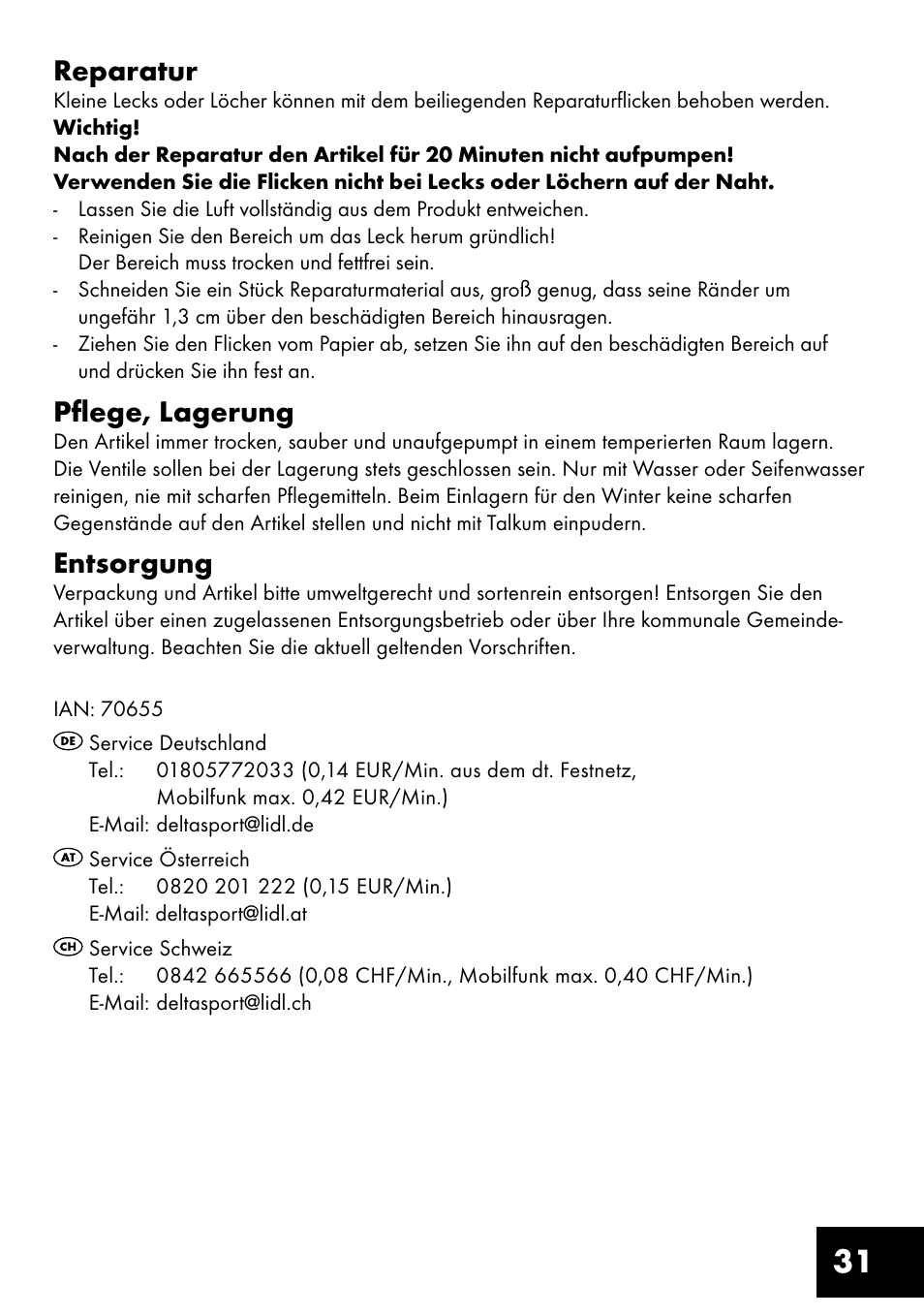 31 reparatur, Pflege, lagerung, Entsorgung | Crivit Inflatable Beach Chair User Manual | Page 31 / 32