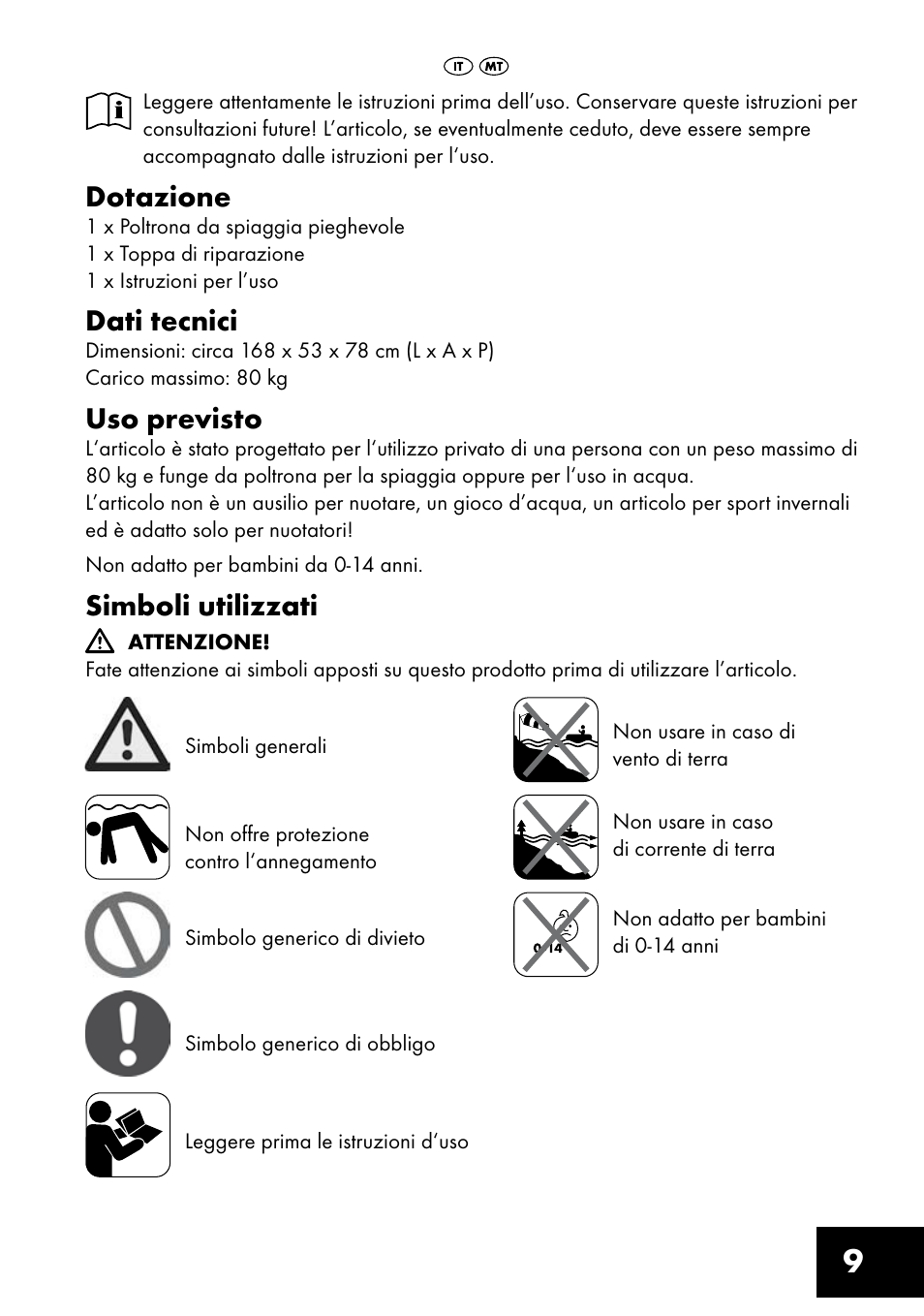 Dotazione, Dati tecnici, Uso previsto | Simboli utilizzati | Crivit Inflatable Beach Chair User Manual | Page 9 / 32