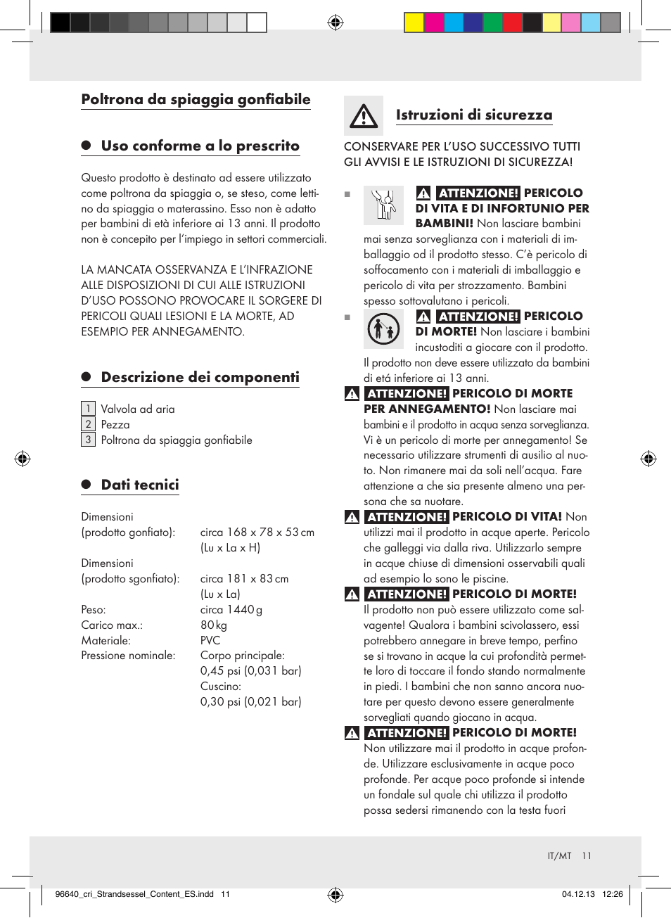 Poltrona da spiaggia gonfiabile, Uso conforme a lo prescrito, Descrizione dei componenti | Dati tecnici, Istruzioni di sicurezza | Crivit Z31956A_B User Manual | Page 11 / 34