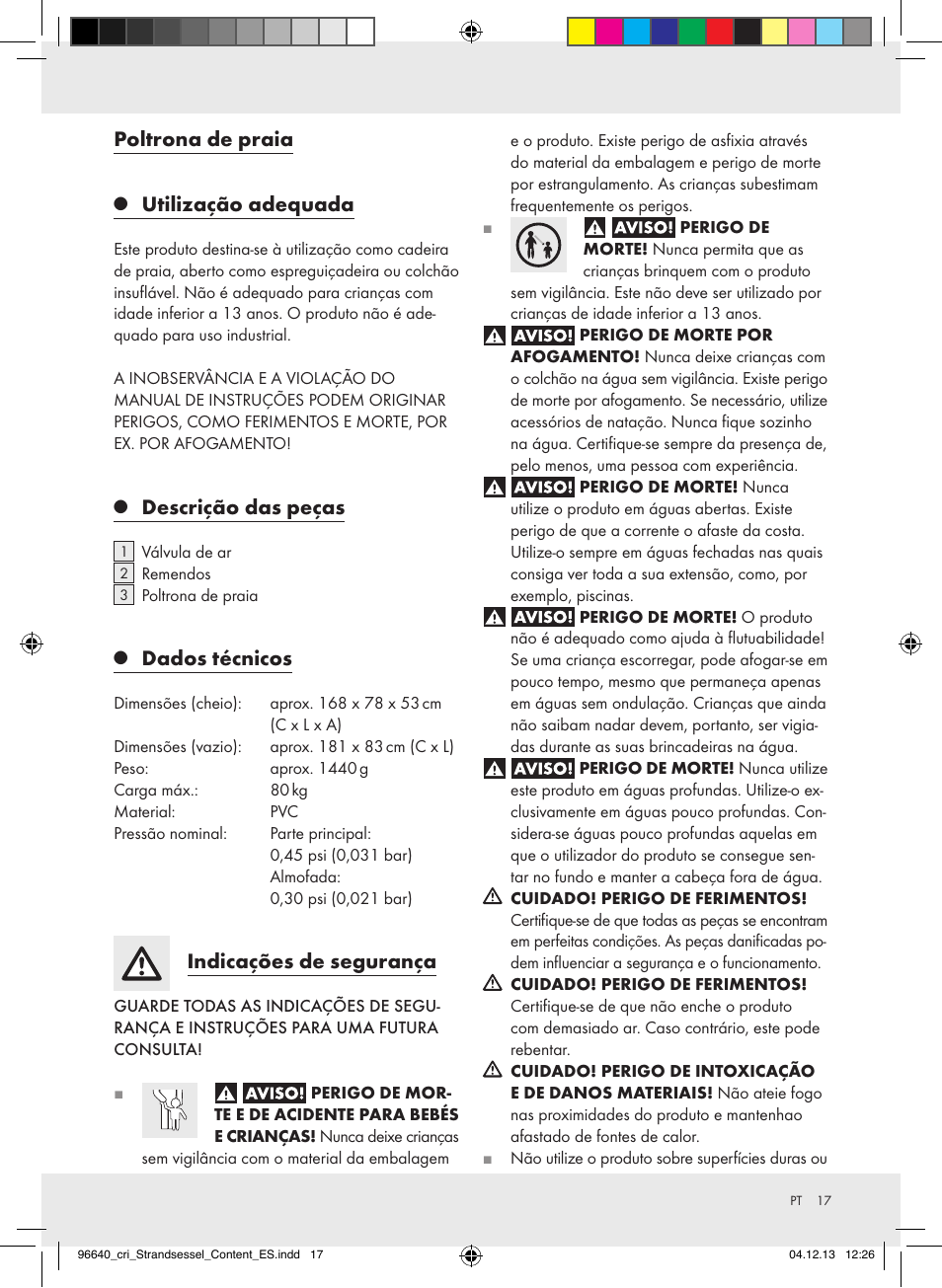 Poltrona de praia, Utilização adequada, Descrição das peças | Dados técnicos, Indicações de segurança | Crivit Z31956A_B User Manual | Page 17 / 34