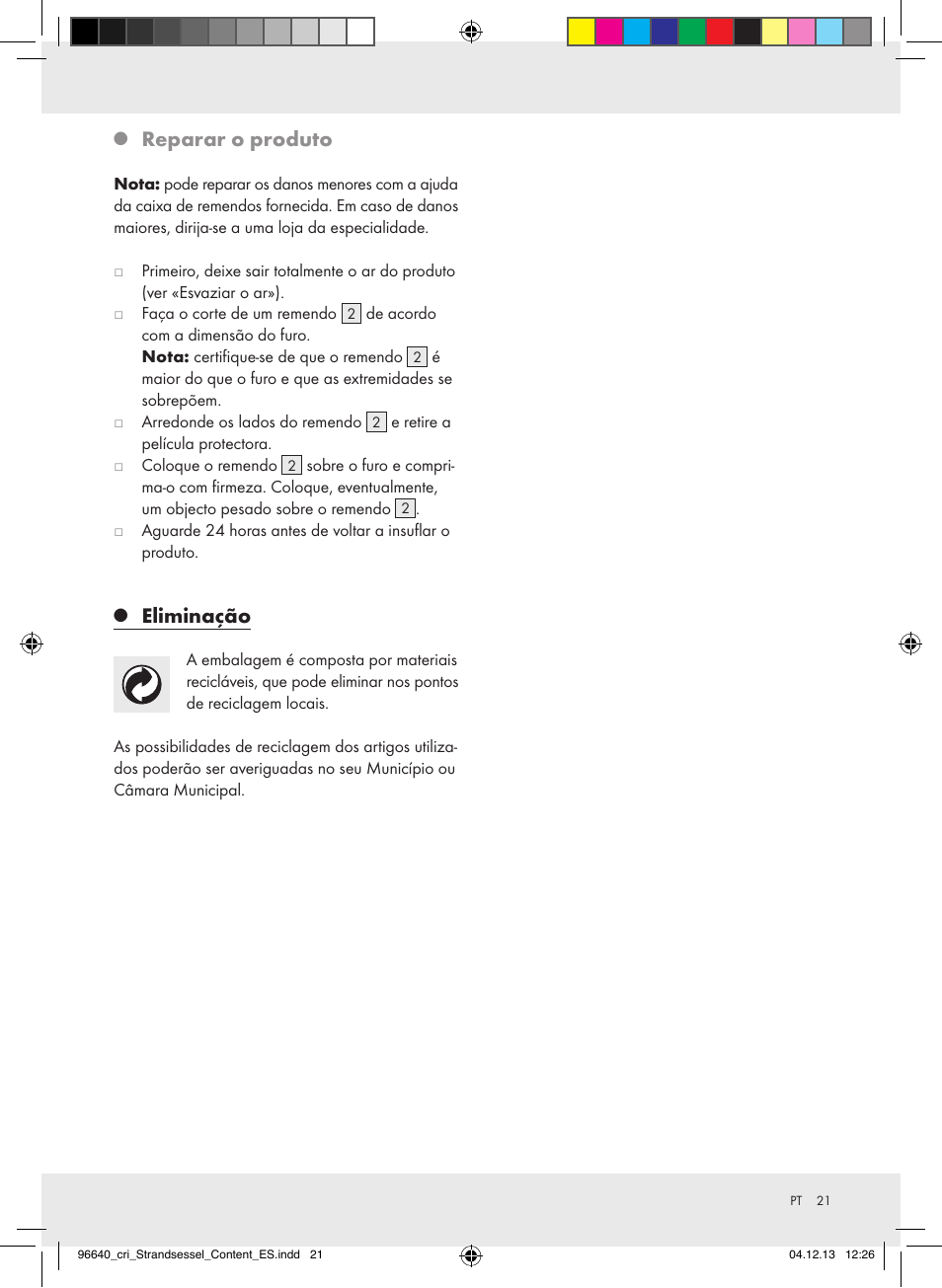 Reparar o produto, Eliminação | Crivit Z31956A_B User Manual | Page 21 / 34