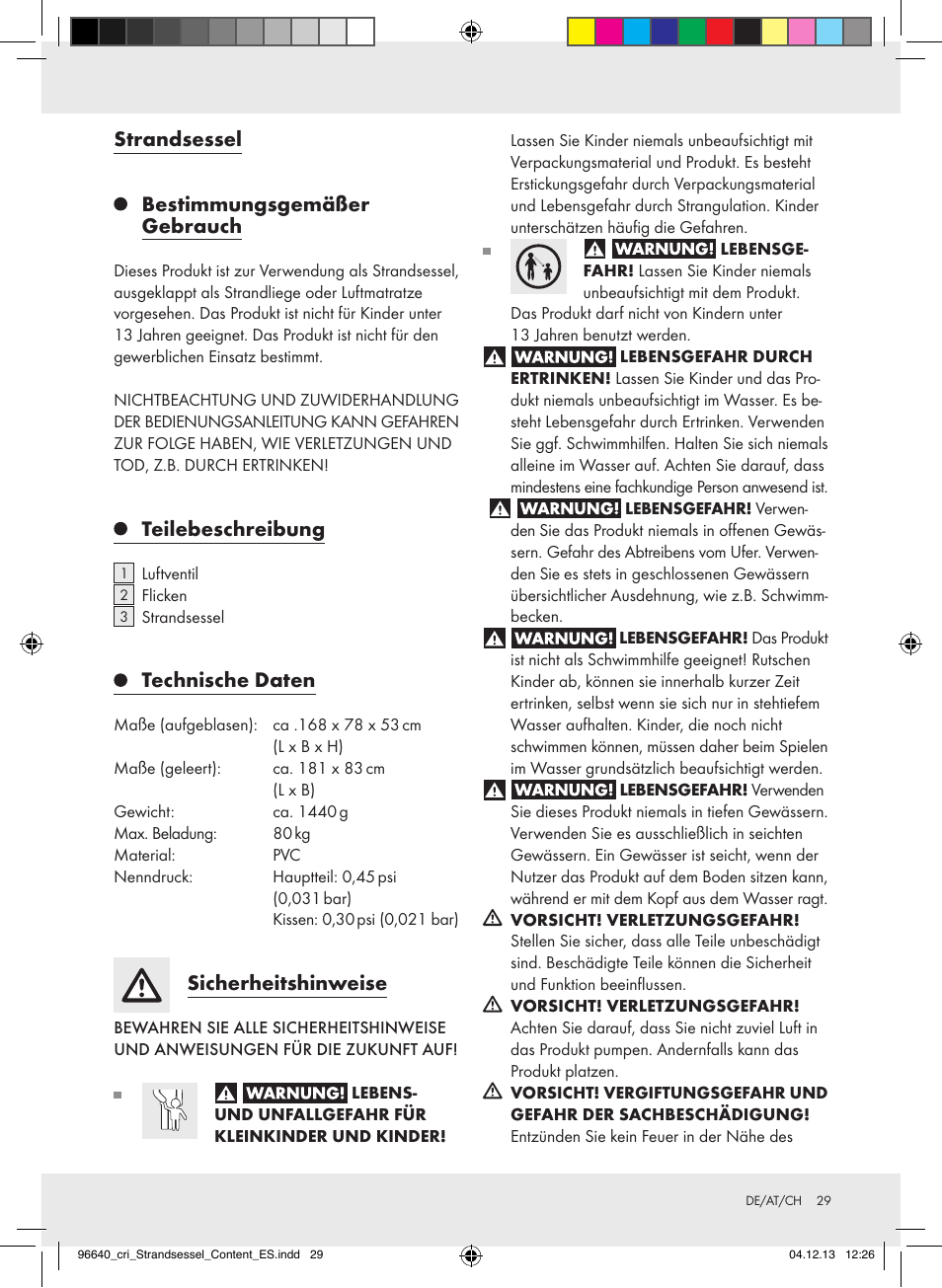 Strandsessel bestimmungsgemäßer gebrauch, Teilebeschreibung, Technische daten | Sicherheitshinweise | Crivit Z31956A_B User Manual | Page 29 / 34