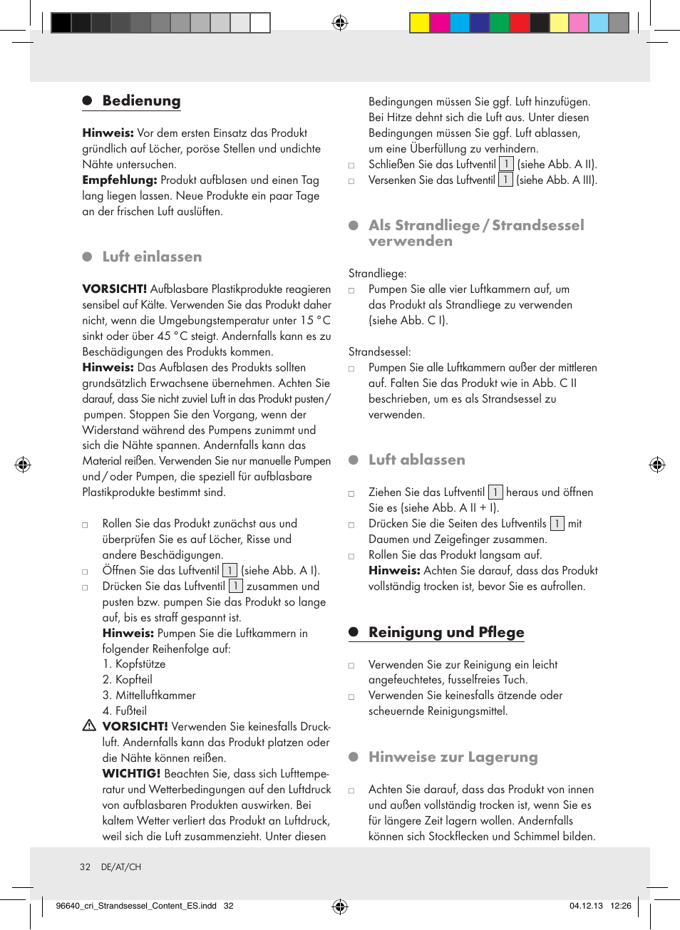 Bedienung, Luft einlassen, Als strandliege / strandsessel verwenden | Luft ablassen, Reinigung und pflege, Hinweise zur lagerung | Crivit Z31956A_B User Manual | Page 32 / 34