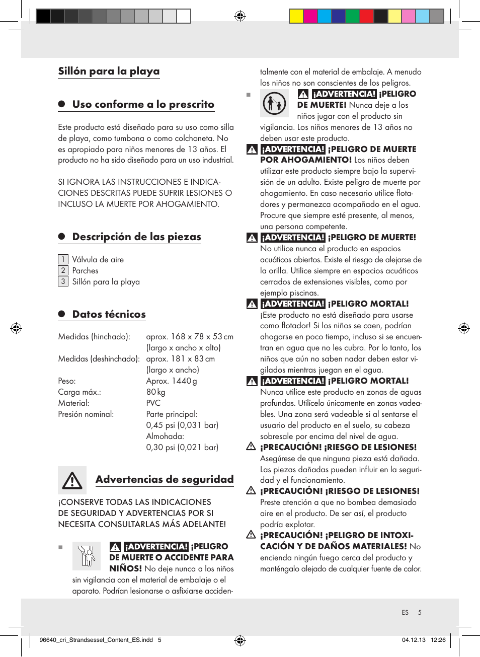 Sillón para la playa, Uso conforme a lo prescrito, Descripción de las piezas | Datos técnicos, Advertencias de seguridad | Crivit Z31956A_B User Manual | Page 5 / 34