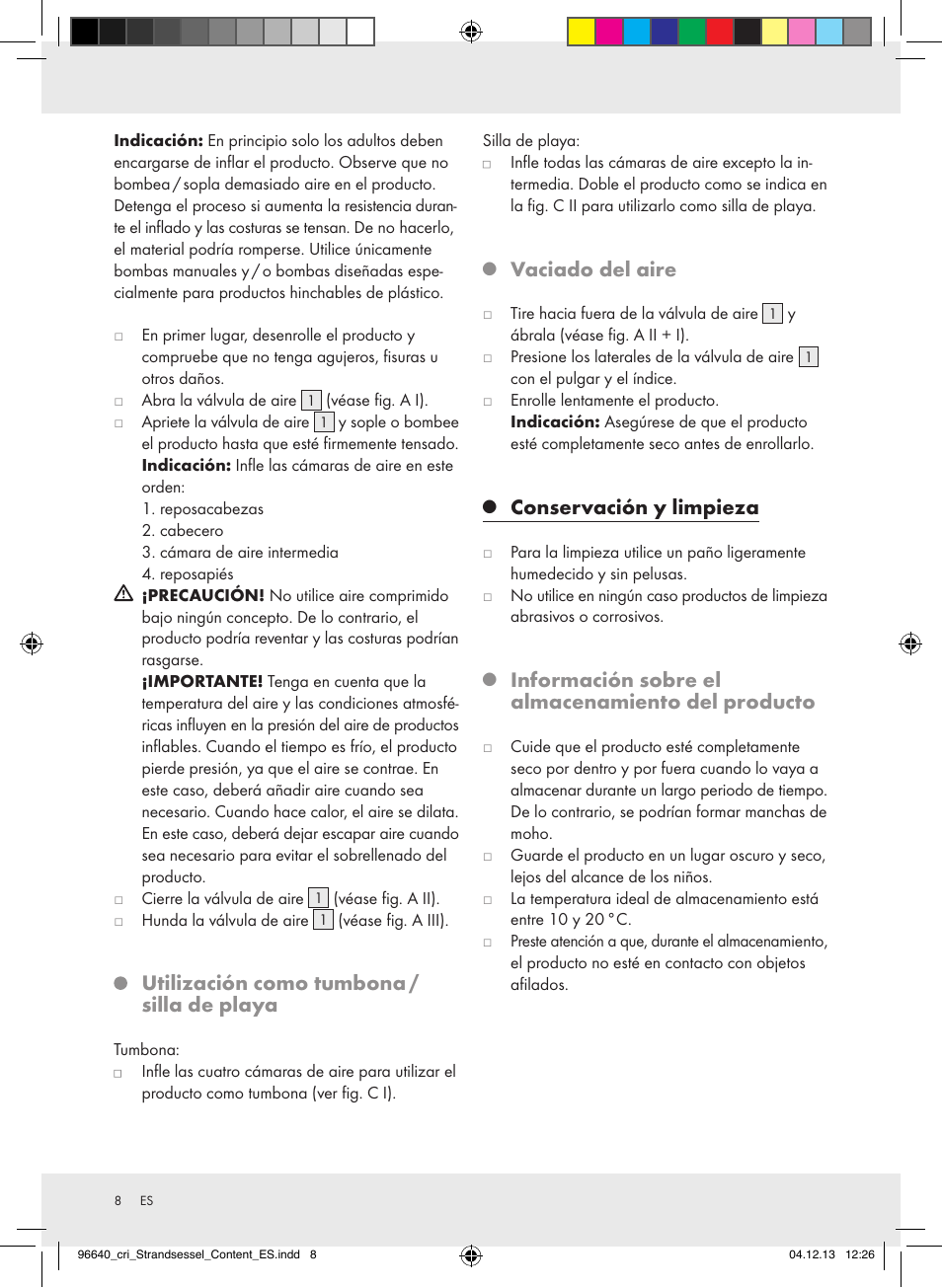 Utilización como tumbona / silla de playa, Vaciado del aire, Conservación y limpieza | Información sobre el almacenamiento del producto | Crivit Z31956A_B User Manual | Page 8 / 34