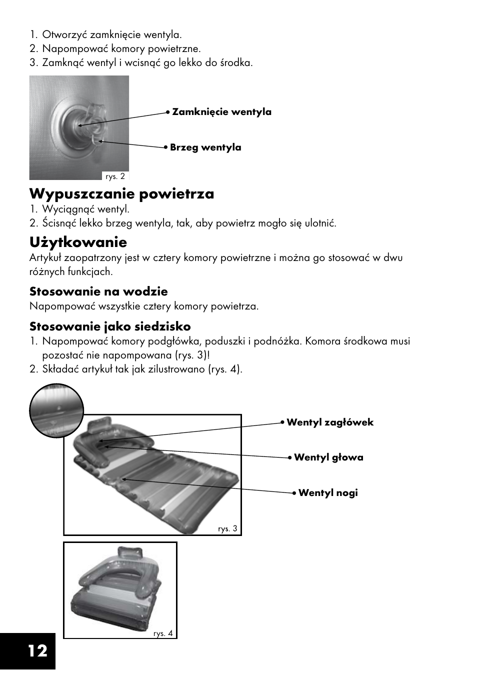 Wypuszczanie powietrza, Użytkowanie | Crivit Inflatable Beach Chair User Manual | Page 12 / 44