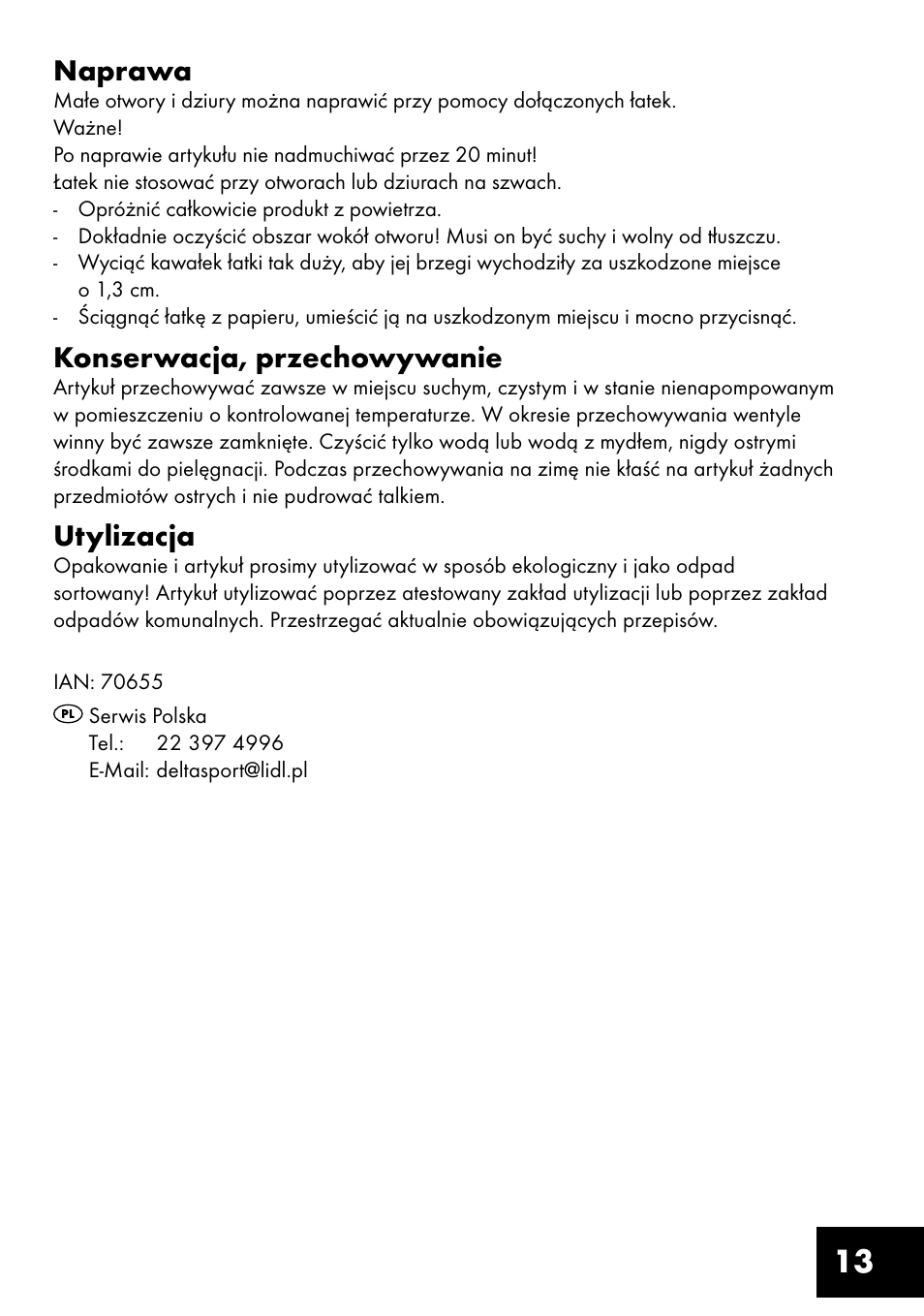 13 naprawa, Konserwacja, przechowywanie, Utylizacja | Crivit Inflatable Beach Chair User Manual | Page 13 / 44
