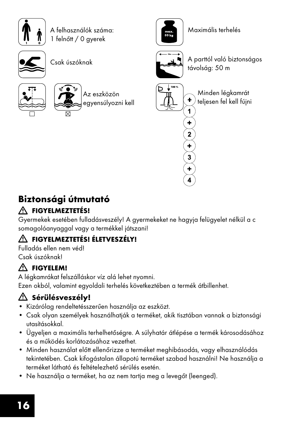 Biztonsági útmutató | Crivit Inflatable Beach Chair User Manual | Page 16 / 44