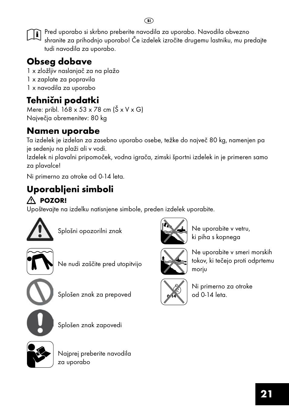 Obseg dobave, Tehnični podatki, Namen uporabe | Uporabljeni simboli | Crivit Inflatable Beach Chair User Manual | Page 21 / 44