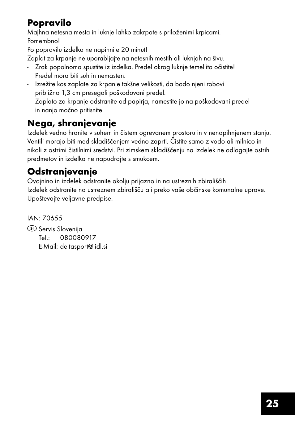 25 popravilo, Nega, shranjevanje, Odstranjevanje | Crivit Inflatable Beach Chair User Manual | Page 25 / 44