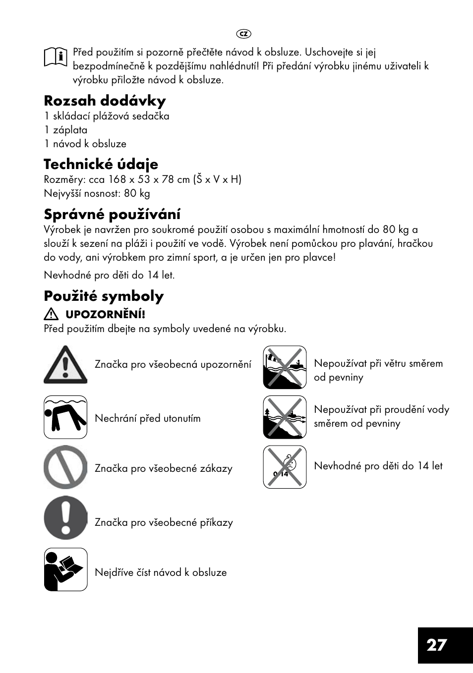 Rozsah dodávky, Technické údaje, Správné používání | Použité symboly | Crivit Inflatable Beach Chair User Manual | Page 27 / 44