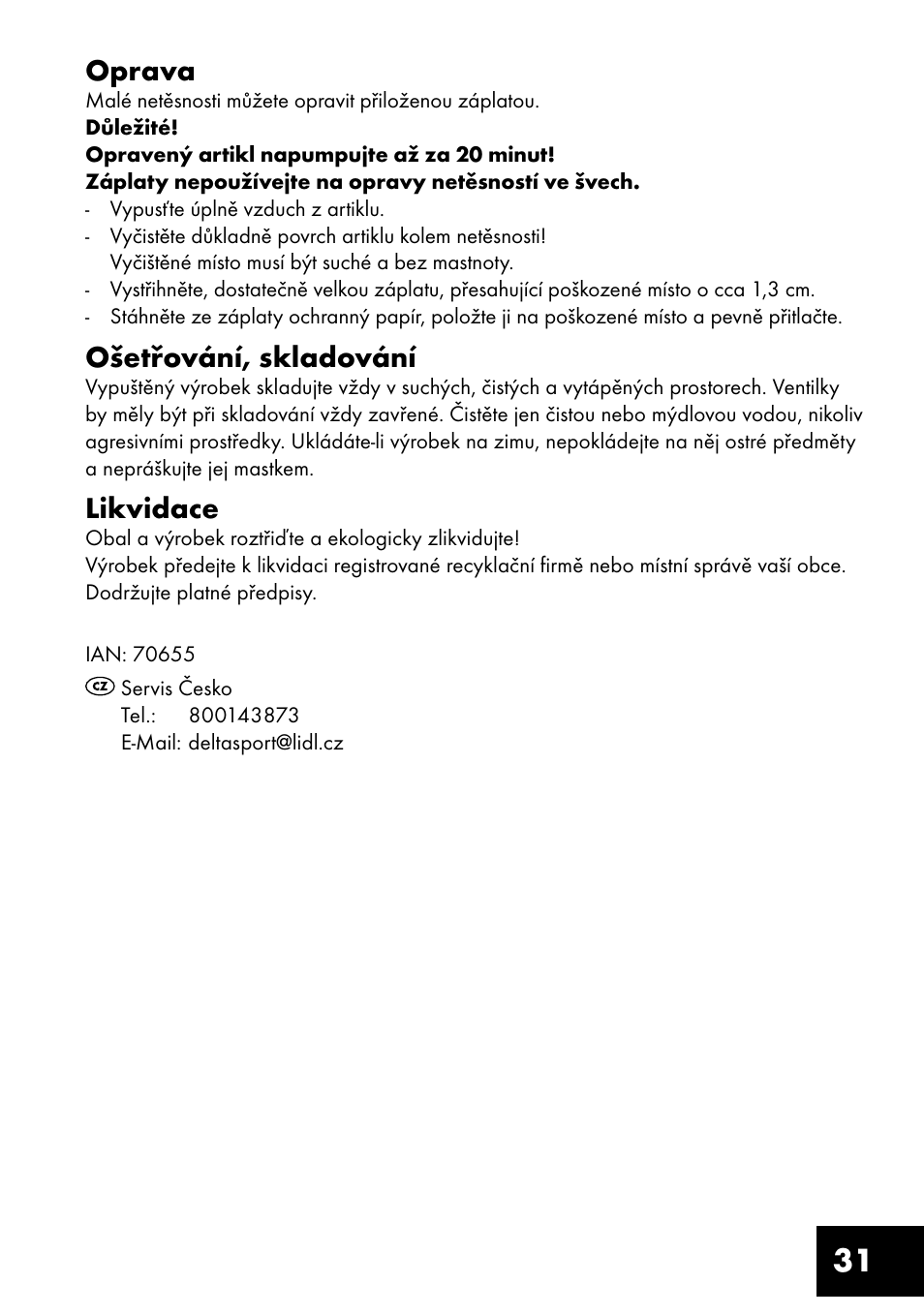 31 oprava, Ošetřování, skladování, Likvidace | Crivit Inflatable Beach Chair User Manual | Page 31 / 44